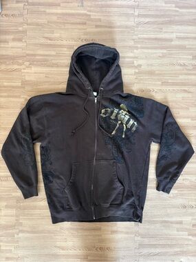Vintage Y2K Skin Industries Brown Full Zip Hoodie Gold Pin Up Graphic Mens Large
